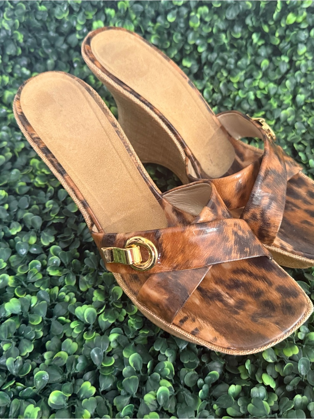 Stuart Weitzman Leopard-Pattern Brown & Gold Wedge Mules